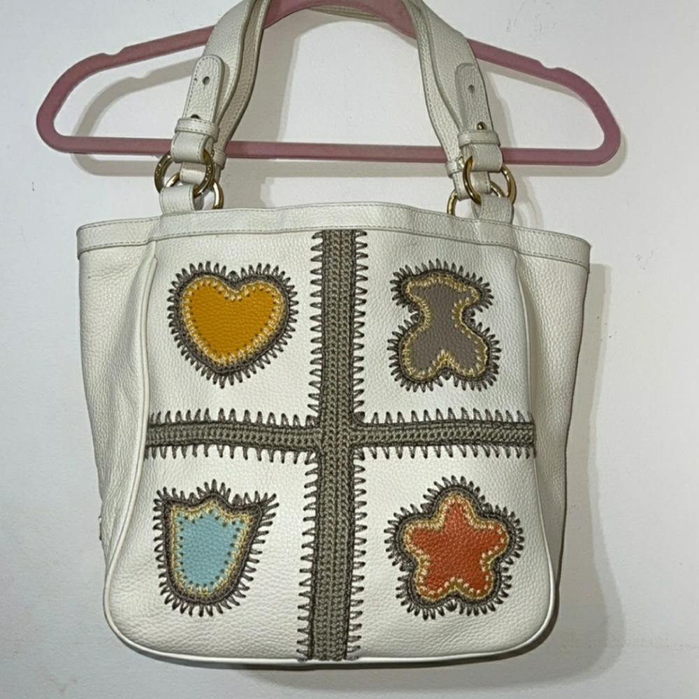 Tous leather embroidered shoulder cream bag